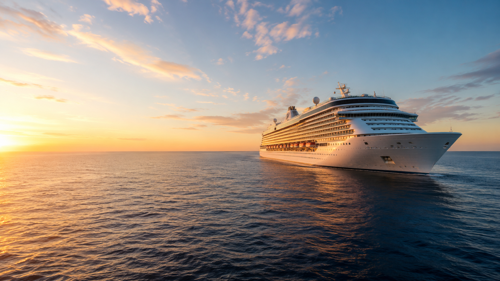 Cruise ship on the open water at sunset